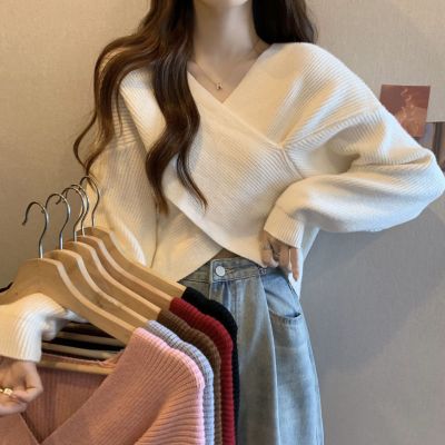 クロスVネック クロップ レディースニット 秋 冬 季節の変わり目 
