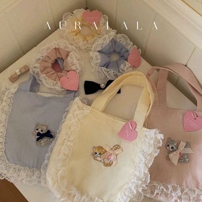 韓国ハンドメイド♡ねこちゃま刺繍フリルトートバッグ(=^・^=)シュシュ