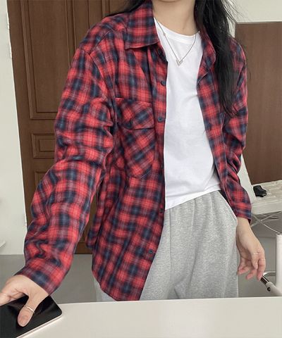 ふんわりルーズフィット、ベリーハーフチェックシャツ、シャツ | amood 